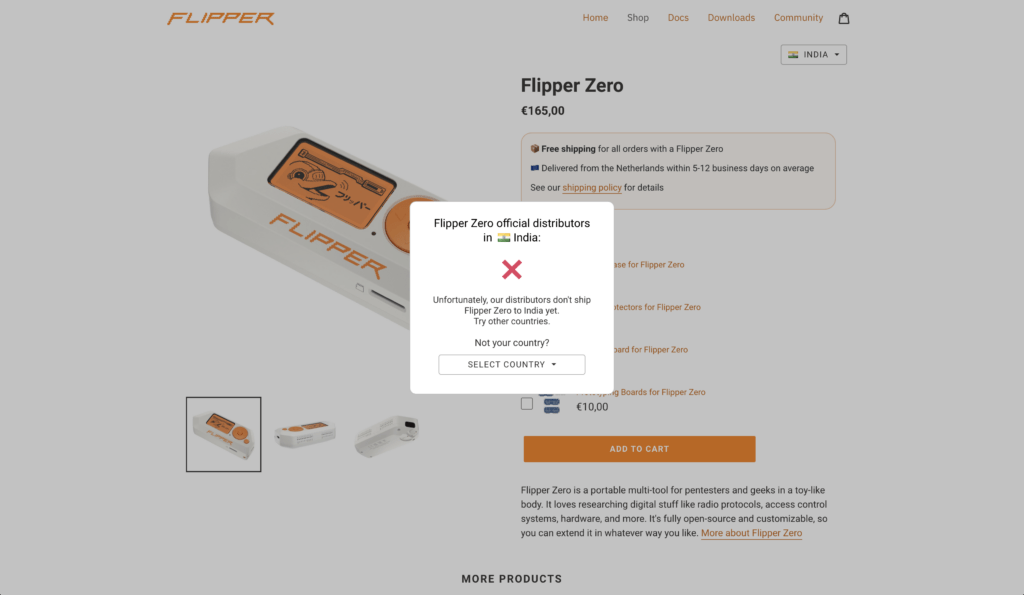 Legitimate website of flipper zero  showing non-availability of Flipper zero devices in India